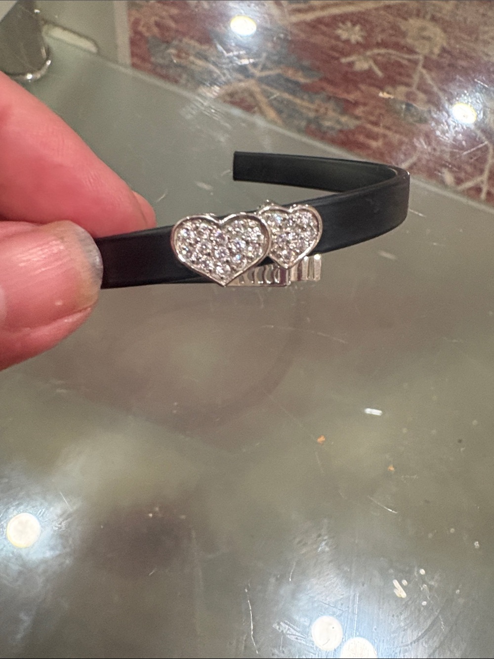 Sterling 925 CZ Black Silicon Triple double heart Slide Charm Bracelet new